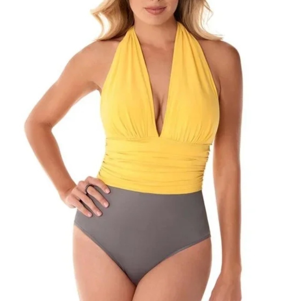 Magic Suit Yellow Gray Haltertop Neck One Piece Colorblock Swimsuit Size 8